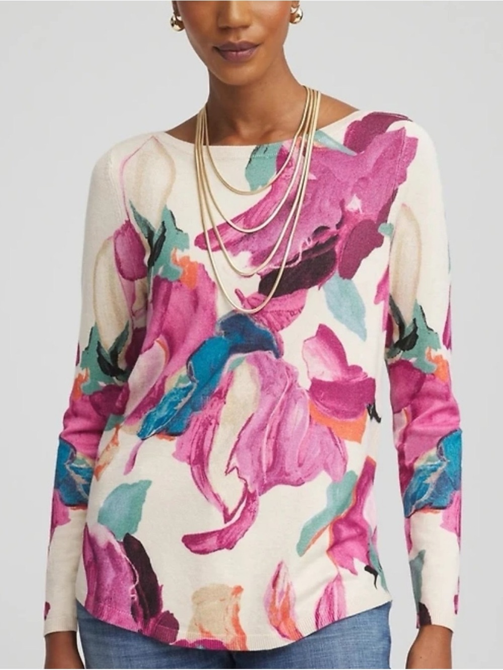Chico's Ella Floral Boat Neck Sweater Size 3 Large Pink Floral Lightweight